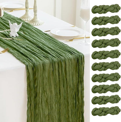 Sioloc 10 Pack Moss Green Cheesecloth Table Runner Fall Autumn Decor for Home 10ft Table Cloth for Tea Wedding Birthday Party Baby Bridal Shower Halloween Thanksgiving