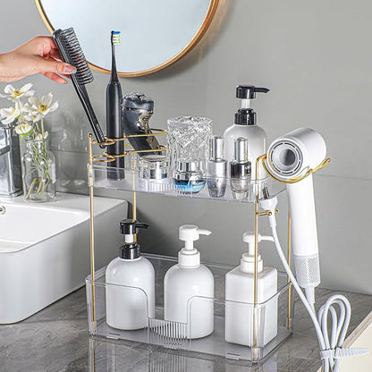 Bathroom Counter Organizer with Hair Dryer Holder, Hair Tool Countertop Storage, Cosmetics Skincare Shelf Organizer, Makeup Organizer Perfume for Dresser Vanity Tray(2 Tier-White)