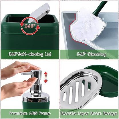 Dark Green Bathroom Accessories Set with Shower Curtain and No-Slip Bath Rugs,24PC Bath Sets with Trash Can, Toothbrush Holder, Cup, Soap Dispenser, Tray, Soap Dish, Toilet Brush, Qtip Holders