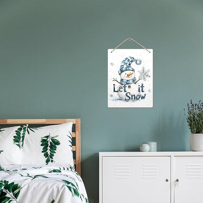 Winter Snowman Hanging Wooden Signs 12x6, Let It Snow Signs, Winter Wall Decor, Winter Door Decor, Blue Snowman Winter Snowflakes Home Room Office Hanging Wall Decor