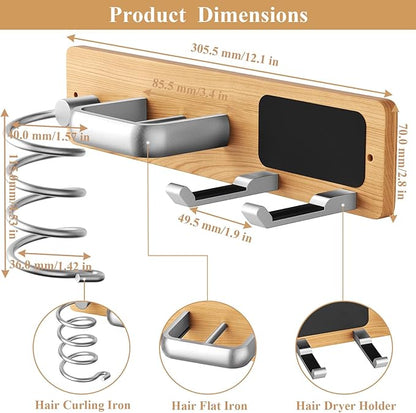 Tindbea Hair Dryer Holder Curling Iron Holder Flat Iron, Blow Dryer Holder Wall Mount, 3 in 1 Bathroom Hair Tool Organizer Rack for Universal Dryer, Cherry Wood Silver Color