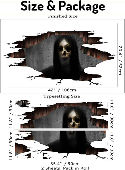 3D Halloween Wall Decals Scary Skeleton Halloween Wall Stickers, Spooky Long Hair Zombie Floor Decor Posters Decals Decorations for Living Room Bedroom Party Supplies