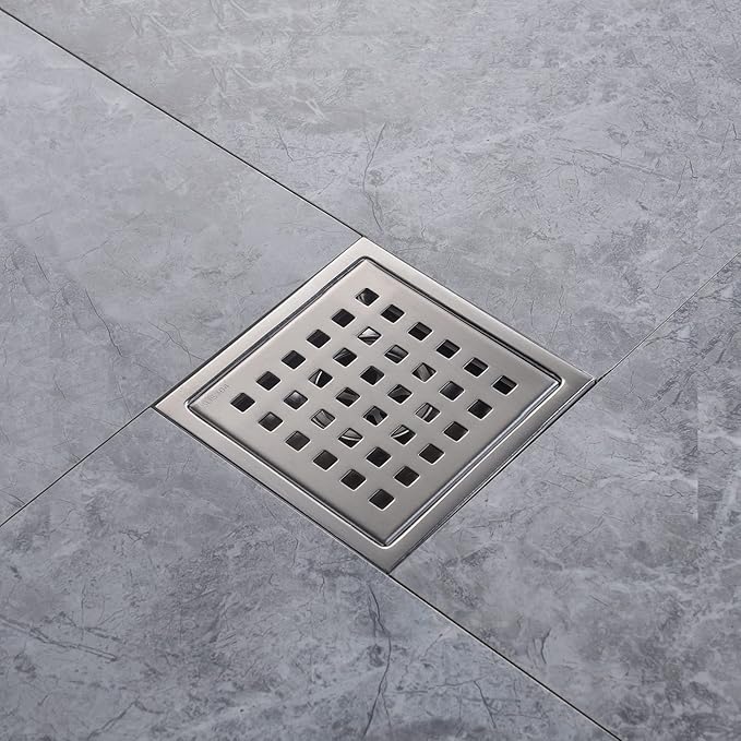 4 Inch Brushed Nickel Shower Floor Drain Square for Bathroom Kitchen Removable Grille Plate Cover with Flange Kit, Sus304 Stainless Steel