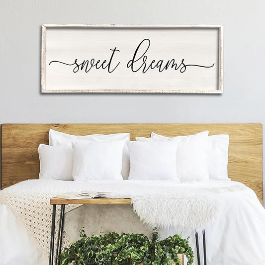Sweet Dreams Wall Decor Above Bed 32''×12'' Master Bedroom Large Sweet Dreams Sign Farmhouse Wall Decor Guest Room Wood Rustic Framed Wall Art Hanging Decoration (White)