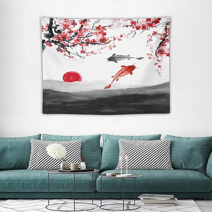 Japanese Koi Fish Tapestries, Cherry Blossoms Asian Oriental Flower Branch Koi Fish Carp Tapestry Wall Hanging for Bedroom Living Room Office Decor 40"x30"