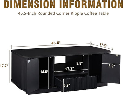 46.5" Oval Coffee Table with Drawers and Storage Mid Century Modern Fluted Solid Wood Side Coffee Tables, Luxury Tea Table Center Table for Living Rooms Offices Apartmen, Black