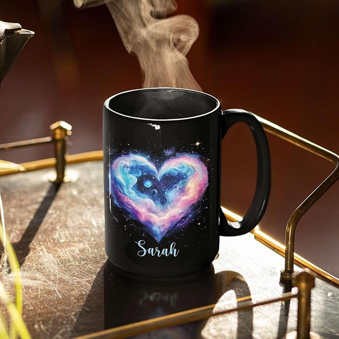 Personalized Love Heart Ceramic Mug, Custom Name Black Cup 11oz Or 15oz, Customized Celestial Themed Coffee Mug, Valentine's Day Themed Keepsake Cup, Gift For Him Her, Heart Mug