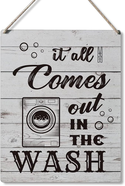 Qious Laundry Sign Gift Farmhouse It All Comes Out in the Wash Wooden Hanging Sign Plaque Rustic Wall Art Decor for Home Laundry Decoration 10 x 8 Inches