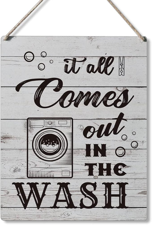 Qious Laundry Sign Gift Farmhouse It All Comes Out in the Wash Wooden Hanging Sign Plaque Rustic Wall Art Decor for Home Laundry Decoration 10 x 8 Inches