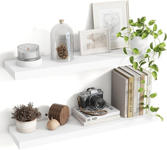 30 Inch Floating Shelves, 8 Inch Deep Floating Shelves for Wall, Hanging Shelf with Invisible Brackets, Deep Shelves for Bathroom, Bedroom, Living Room, White, Set of 2