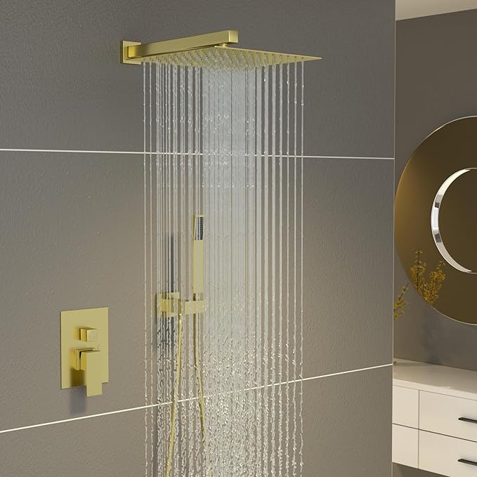 Sarlai Shower Faucet Set Bathroom Square Rainfall Shower Head and Handle Combo Wall Mounted Shower Faucet with Valve 10 Inch Shower Head Trim Systems Gold Brushed
