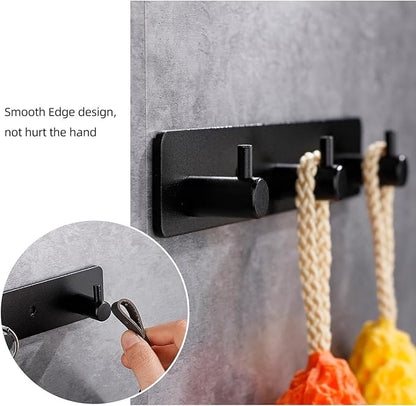 Black 3 Wall Hooks, Matte Black Bathroom Hook Rail, Self Adhesive Key Hook Rack Hanger Towel Robe Stick Hooks for Toilet Entryway Hallway Kitchen Wall Mounted
