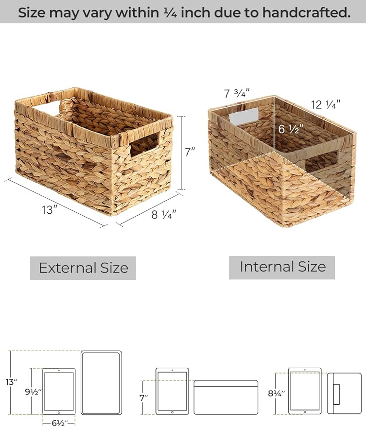 StorageWorks Wicker Basket, Baskets for Organizing, Storage Basket with Built-in Handles, Water Hyacinth Shelves (Medium 2-Pack, Natural Hyacinth)