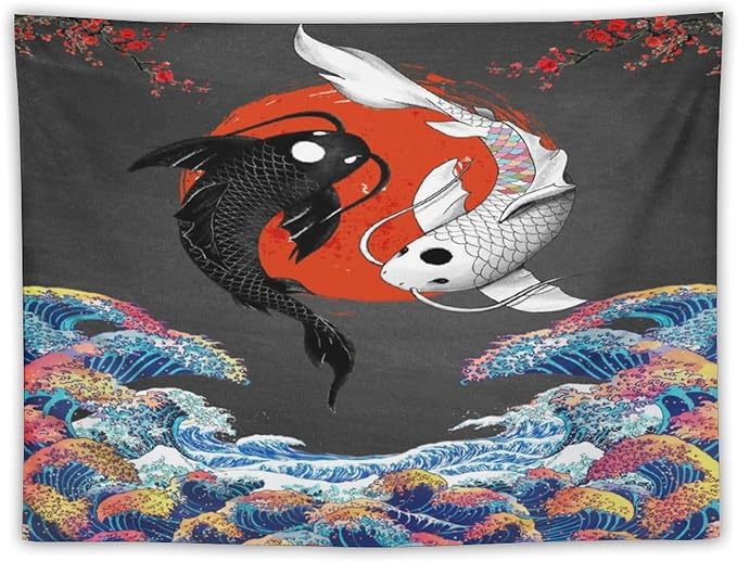 Houselerax Japanese Koi Fish Tapestries, Yin Yang Big Wave Cherry Blossom Tapestry Wall Hanging for Bedroom Living Room Office Decor 40"x30"