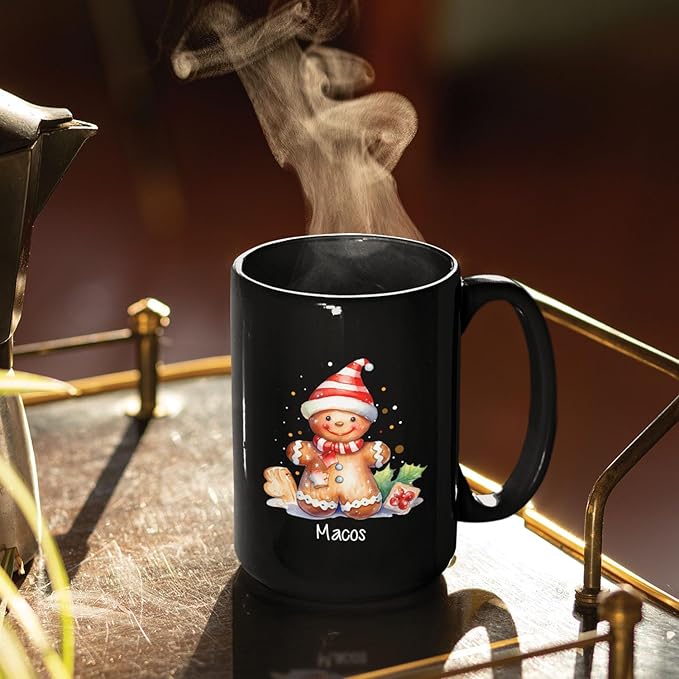 Watercolor Christmas Gingerbread Design Mug, Custom Gingerbread Lover Black Cup, Customized Christmas Coffee Mug With Name, Gift For Boy Girl, Personalized Gingerbread Lover Cup 11oz 15oz