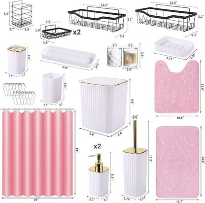 Bathroom Accessories Set - 30PC Gorgeous White Bathroom Set, Bathroom Accessory Set, Pink Shower Curtain Set with Shower Caddies, Soap Dish & Trash Can