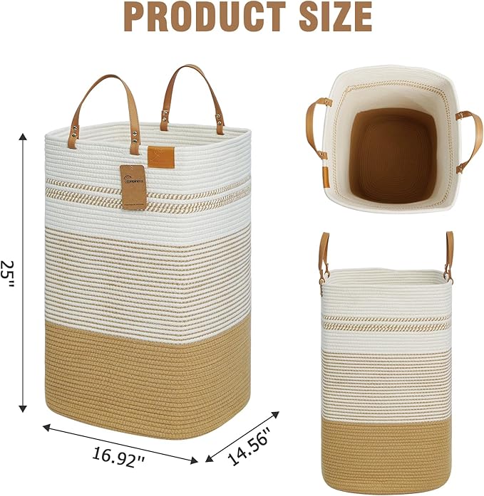 danpinera 100L Nursery Hamper, Tall Woven Laundry Basket with Long Leather Handles, Boho Laundry Hamper for Living Room & Bedroom, Eco-friendly & Convenient Decorative Storage Basket White & Jute