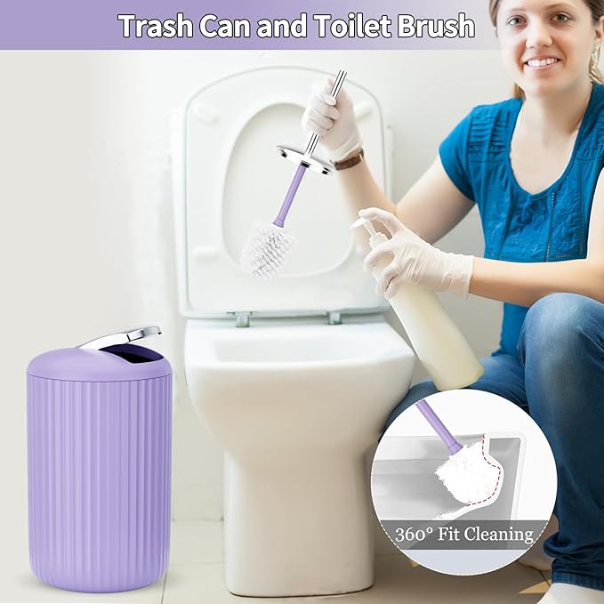 9PCS Purple Bathroom Accessories Set Complete with Trash Can, Vanity Tray, Soap Dispenser, Soap Dish, Toothbrush Holder, Toothbrush Cup, Toilet Brush and Qtip Holders