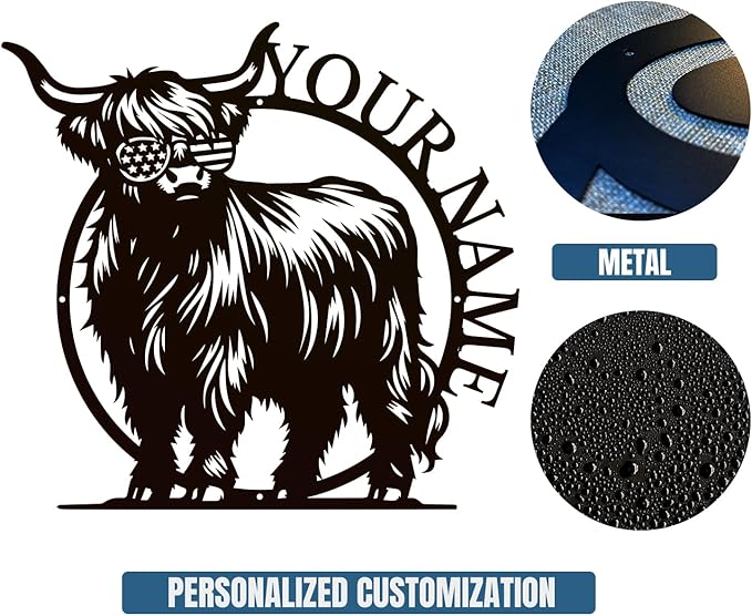 Personalized Highland Cow Name metal Signs,Custom Highland Cow Metal Shed Wall Decor,Black Metal Wall Art Plaques Outdoor wall Decorative Signage (Style G)