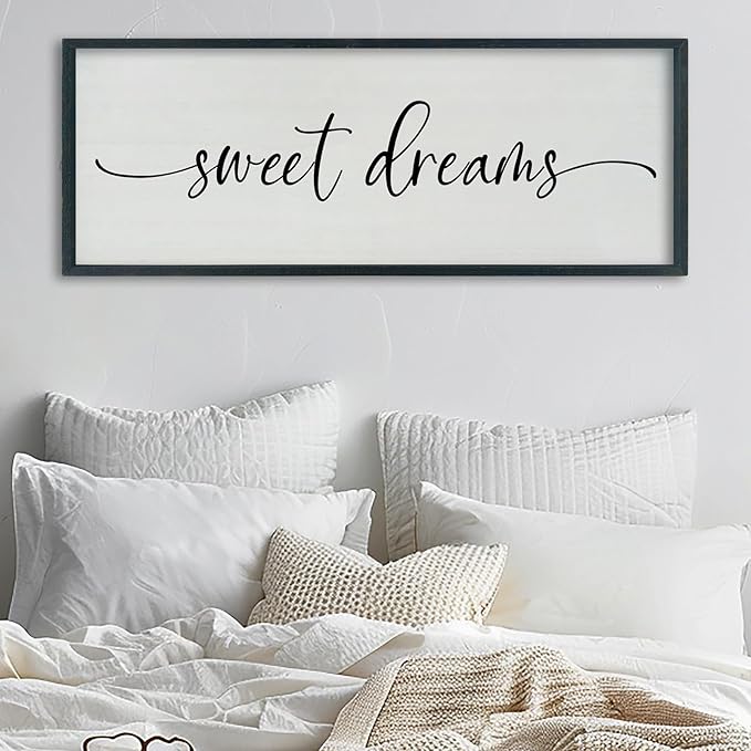 SRSZHIYUE Sweet Dreams Above Bed Wall Decor, 40"x15" Large Rustic Master Bedroom Over Bed Sign Guest Room Couples Wood Framed Farmhouse Horizontal Hanging Decoration (Black)