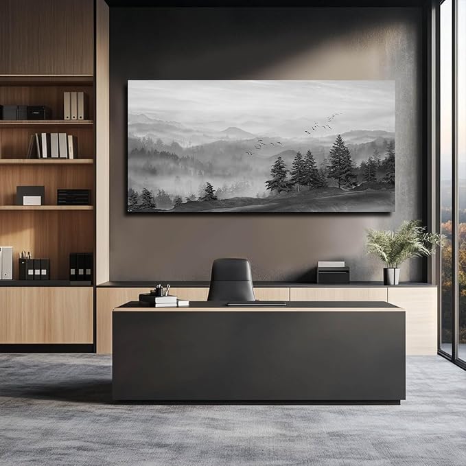 SOUGUAN Grey Wall Decor Foggy Mountain Wall Art Tree and Bird Pictures Artwork for Walls Living Room for Bedroom Kitchen Dining Room Home Office 30x60 Inch