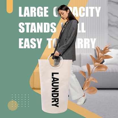 Caroeas 100L Laundry Basket,Large Laundry Hamper, Laundry Bag with Padded Handles, Clothes Hamper Stands Up Well, Collapsible Free Standing Easy Storage Washing Bin (Beige,100L)