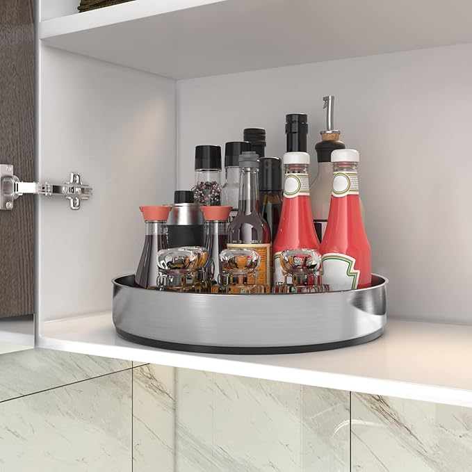 VAEHOLD Pantry Cabinet Lazy Susan Stainless Steel Black Spice Rack Turntable - Decorative Trays Storage Containers Organizer for Kitchen Cabinet, Snacks, Bathroom (10 inches)