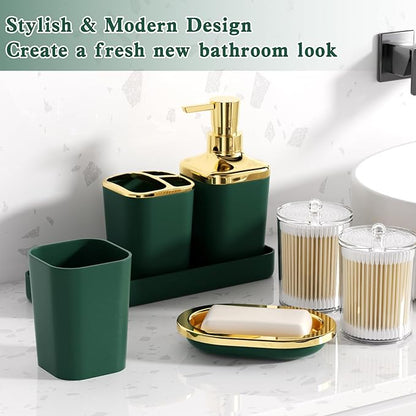 Dark Green Bathroom Accessories, 24 Pieces Green and Gold Bathroom Accessories Set with Shower Curtain, Bath Towels, Trash Can, Soap Dispenser and Soap Dish for Bathroom/Housewarming