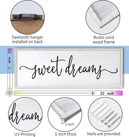 Sweet Dreams Over Bed Wall Decor 32"×12" for Master Bedroom Above Bed Wood Framed Wall Art Sign (White)