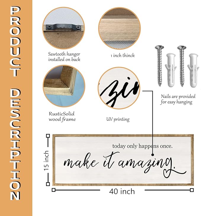 RLWangChao Today Only Happens Once Make It Amazing Wall Art Decor 40x15 Inch Large Inspirational Quote Sign Rustic Living Room Vintage Wood Frame Office Motivational Home Wall Hanging (Wood)