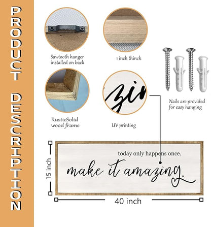 RLWangChao Today Only Happens Once Make It Amazing Wall Art Decor 40x15 Inch Large Inspirational Quote Sign Rustic Living Room Vintage Wood Frame Office Motivational Home Wall Hanging (Wood)