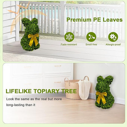 2 Pcs Artificial Bunny Shaped Topiary Trees, Artificial Green Boxwood Bunny Decorations with Gold Bow, Perfect for Indoor & Outdoor Front Porch, Easter& Garden Decor (Bunny Tree Without Base)