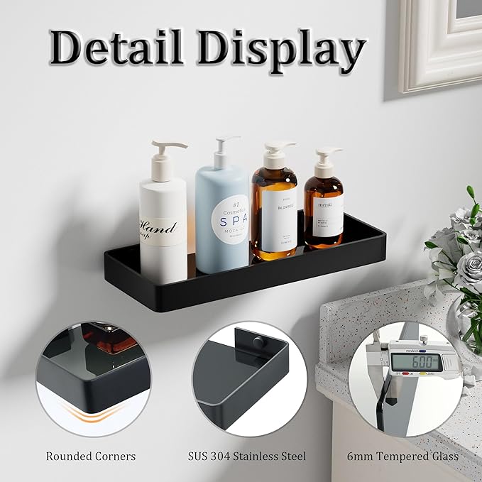 Alise Glass Bathroom Shelf,Black 11.8 Inch Rectangular Floating Shelves for Bathroom, Showers, Vanities, Kitchens,SUS304 Stainless Steel Glass Shelf for Toilet Room Decoration