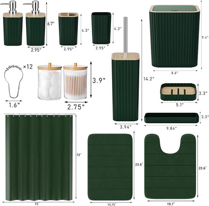 Bathroom Accessories Set - 25PC Green Bathroom Set, Bathroom Set with Shower Curtain and Rugs, Green Shower Curtain Set, Toilet Brush, Bathroom Trash Can