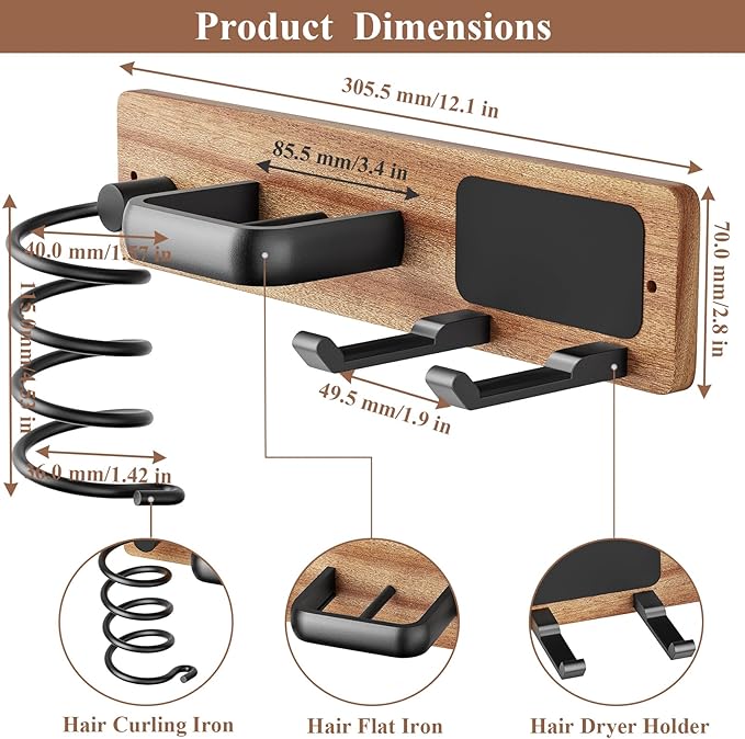 Tindbea Hair Dryer Holder Curling Iron Holder Flat Iron, Blow Dryer Holder Wall Mount, Bathroom Hair Tool Organizer Rack for Universal Dryer (Sapele Wood Matte Metal, Matte Black)