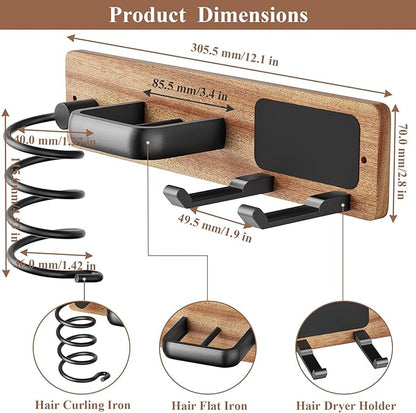 Tindbea Hair Dryer Holder Curling Iron Holder Flat Iron, Blow Dryer Holder Wall Mount, Bathroom Hair Tool Organizer Rack for Universal Dryer (Sapele Wood Matte Metal, Matte Black)