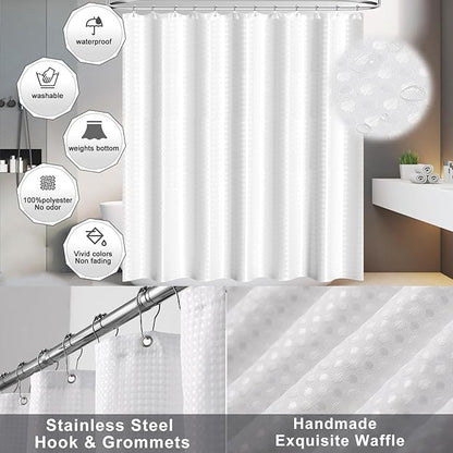 White Bathroom Sets Accessories with Waffle Shower Curtain and Bath Mats,Bathroom Sets with Trash Can,Toothbrush Holder,Toothbrush Cup,Soap Dispense,Tray,Soap Dish,Toilet Brush,Qtip Holder