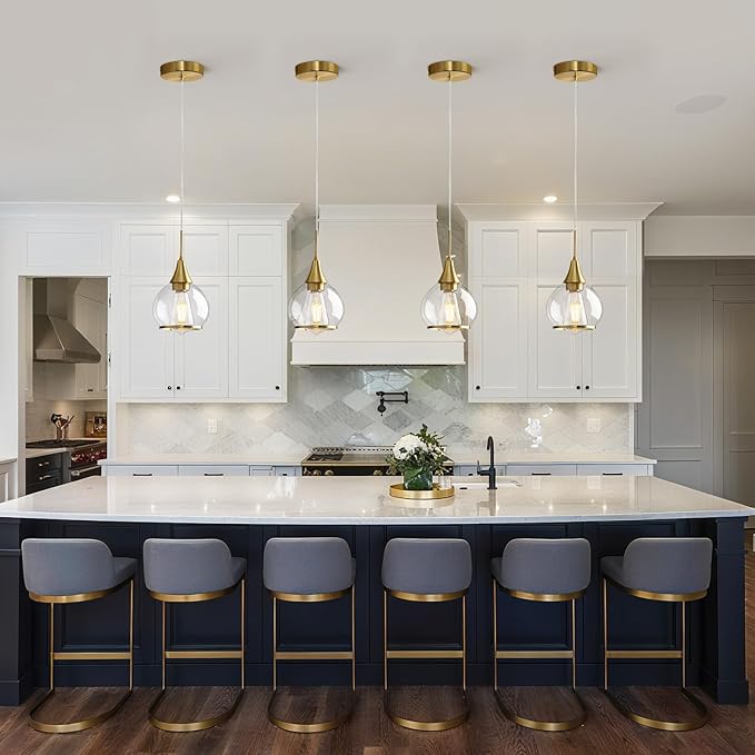 Pendant Light Fixtures Kitchen: Brushed Gold Farmhouse Island Light with Clear Glass - 6 Inch Mid Century Globe Kitchen Lighting Chandeliers Ceiling for Dining Room