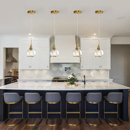 Pendant Light Fixtures Kitchen: Brushed Gold Farmhouse Island Light with Clear Glass - 6 Inch Mid Century Globe Kitchen Lighting Chandeliers Ceiling for Dining Room