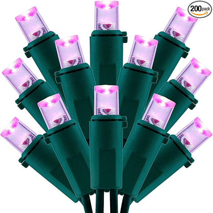 200 Count Pink Wide Angle LED Christmas Lights, 66 ft Green Wire UL Certified Commercial Grade 5mm Holiday String Light Set (Pink)
