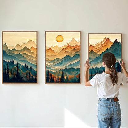 Tinonedraw Large Mountain Framed Canvas Wall Art Set of 3, Boho Nature Forest Wall Decor, Neutral Wooden Pine Trees Artwork, Sunrise Ridge Landscape Art Printing for Living Room Bedroom Office 16"x24"