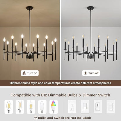 12 Light Black Chandelier Light Fixture, Modern Farmhouse Chandeliers for Dining Room Light Fixture, Metal Candle Pendant Chandelier for Foyer Entryway Stairs Living Room Bedroom Kitchen