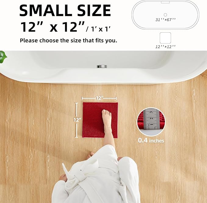 Small Bathroom Rugs, Non Slip Washable Bath Rugs Super Absorbent Bathroom Rug Thin Quick Dry Low Pile Bath Mats, Red 12"x12"