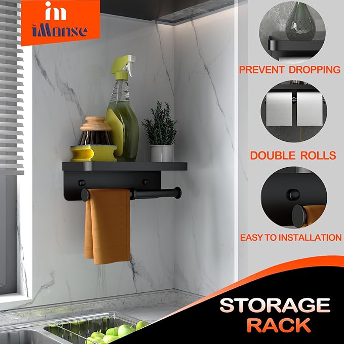 Double Toilet Paper Holder with Shelf, Commercial Toilet Paper Towel Holder Wall Mount, Tissue Roll Holder for Bathroom Kitchen RV, Double Tissue Roll Rack with Adhesive & Screw (Matte Black)