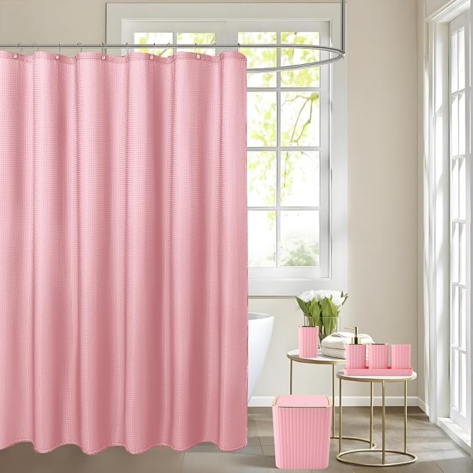 Pink Bathroom Set with Shower Curtain and Rugs- 25PC Bathroom Accessory Set, Pink Shower Curtain Set, Toilet Brush, Trash Can, Qtip Holder Dispenser & Soap Dispenser