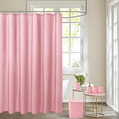 Pink Bathroom Set with Shower Curtain and Rugs- 25PC Bathroom Accessory Set, Pink Shower Curtain Set, Toilet Brush, Trash Can, Qtip Holder Dispenser & Soap Dispenser
