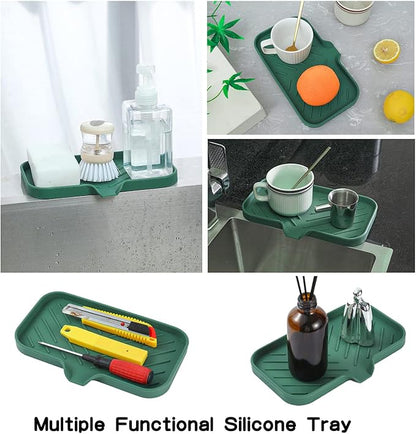 Silicone Bathroom Soap Dishes with Drain Spout-Bathroom and Kitchen Sink Organizer,Sponge Holder,Dish Soap Tray,Perfect for Dispenser,Scrubber,Bottle,Cup on Sink or Counter-Green 9.6"×5.3"