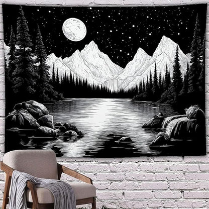 keowhsf Starry Night Mountain Lake Tapestry Black and White Tapestries Aesthetic Moon and Stars Wall Hanging Dark Nature Forest Tapestry for Bedroom Living Room Dorm Decor