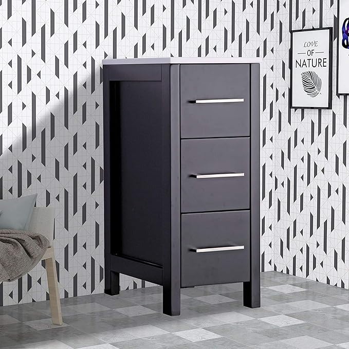 Vanity Art 12 Inch Bathroom Cabinet 3 Dove-Tailed Drawers with Engineered Marble Top Side Storage Organizer Freestanding Single Vanity VA3112-E