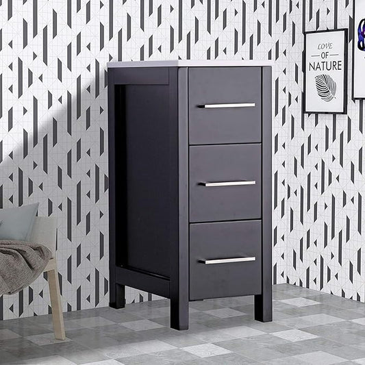 Vanity Art 12 Inch Bathroom Cabinet 3 Dove-Tailed Drawers with Engineered Marble Top Side Storage Organizer Freestanding Single Vanity VA3112-E